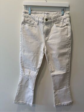 Frame Denim White Cropped Frayed-Hem Jeans